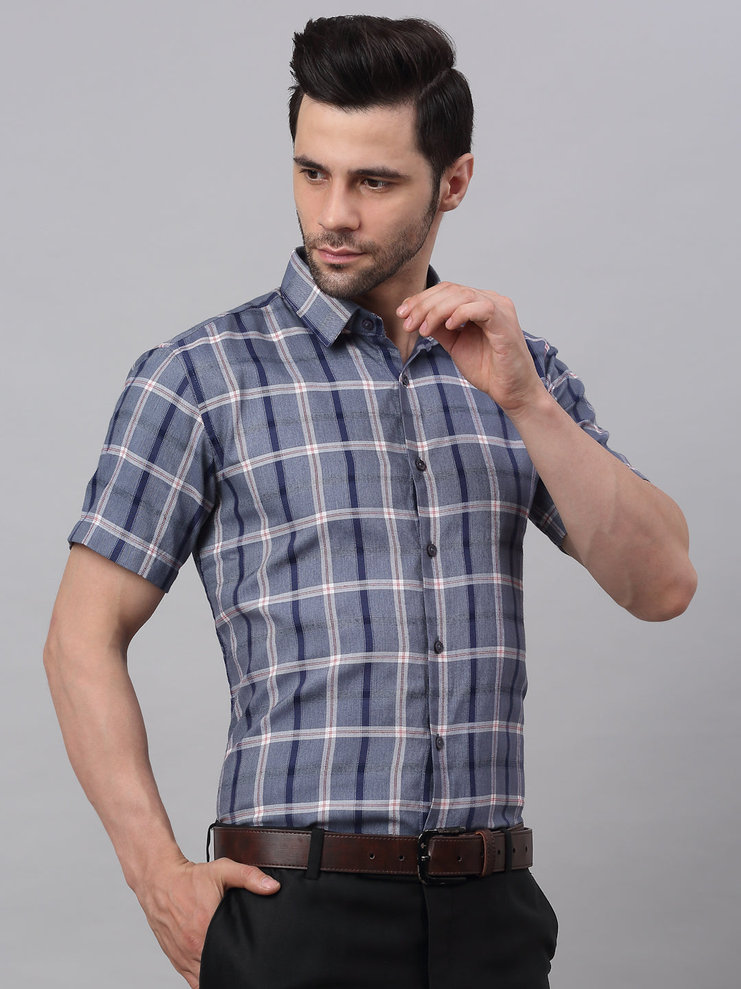 Men's Grey Half Sleeve Checked Formal Shirt - Taantav