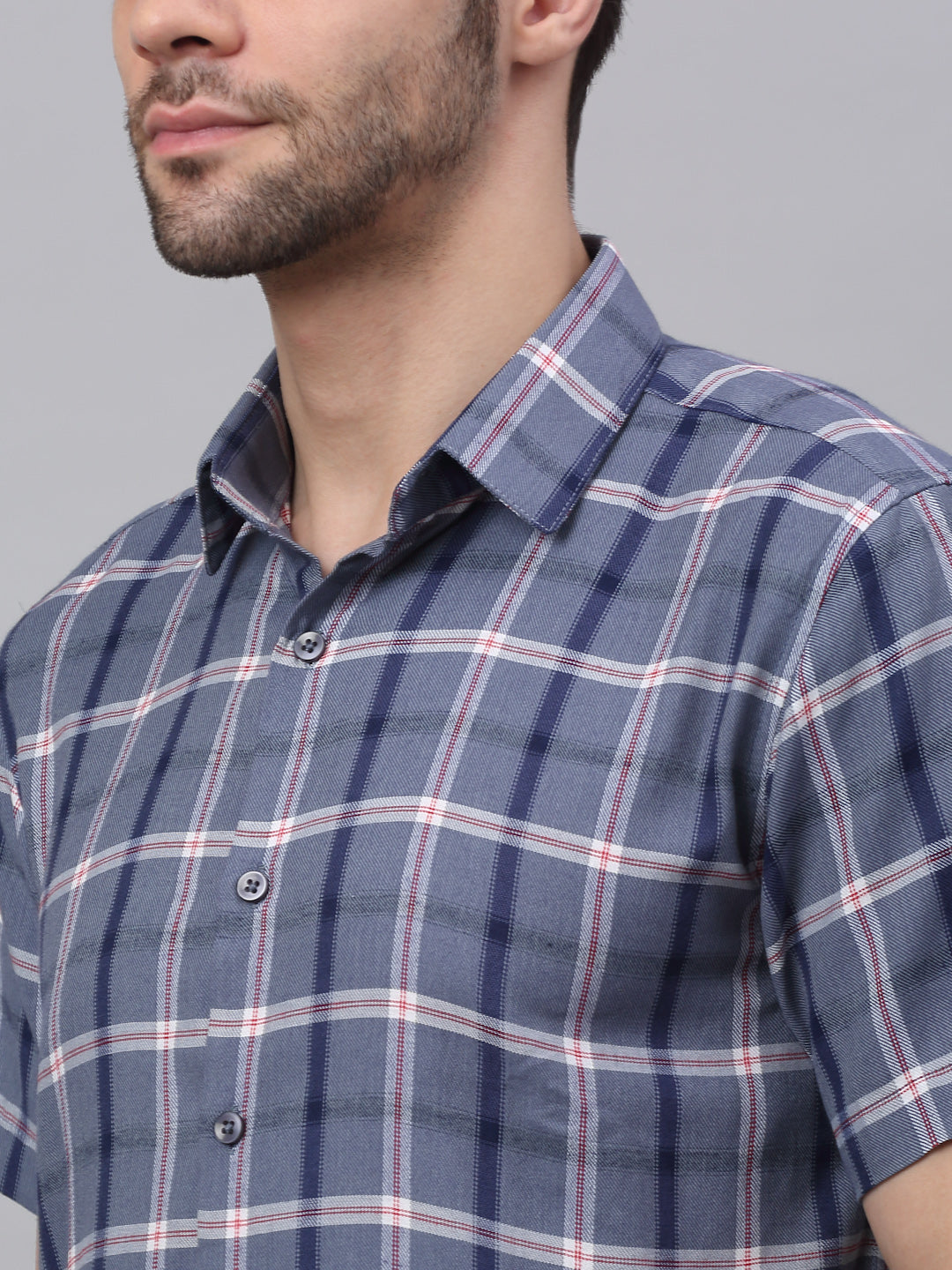 Men's Grey Half Sleeve Checked Formal Shirt - Taantav