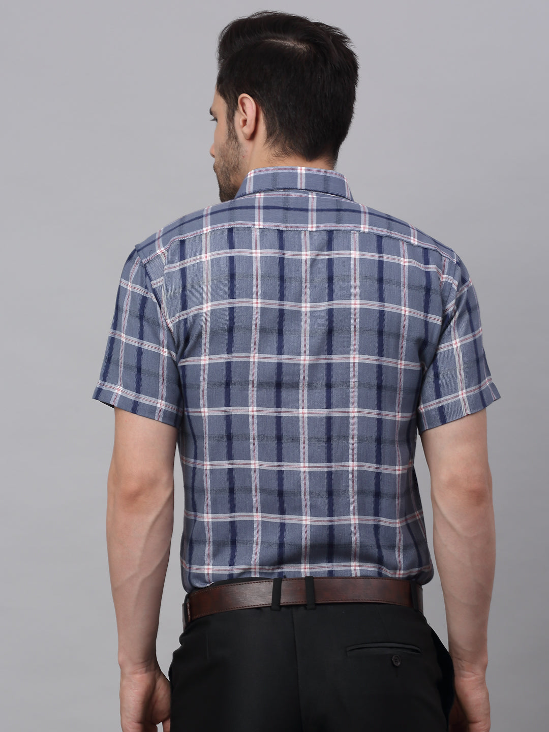 Men's Grey Half Sleeve Checked Formal Shirt - Taantav