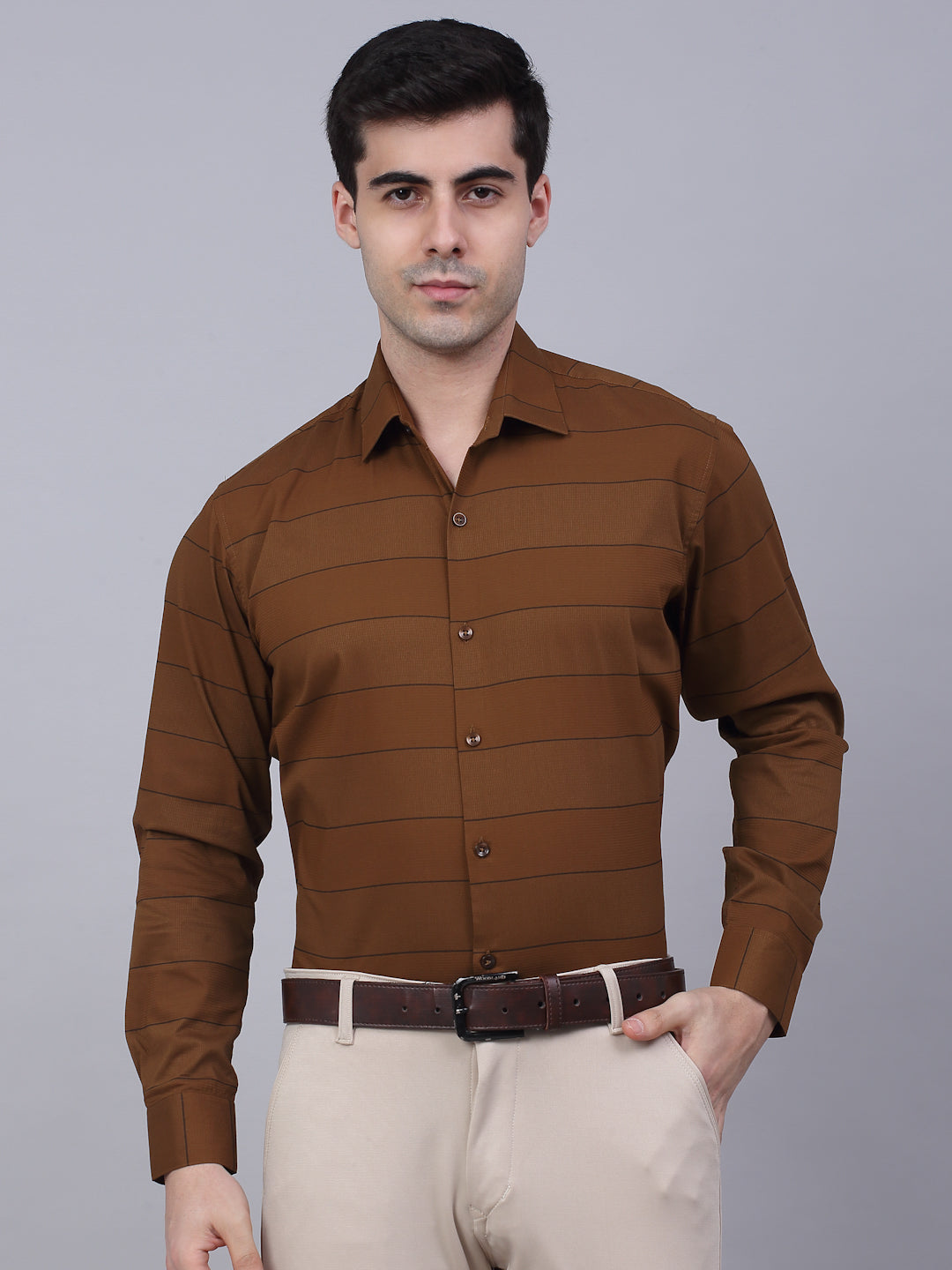 Men's Brown Horizontal Striped Formal Shirt - Taantav