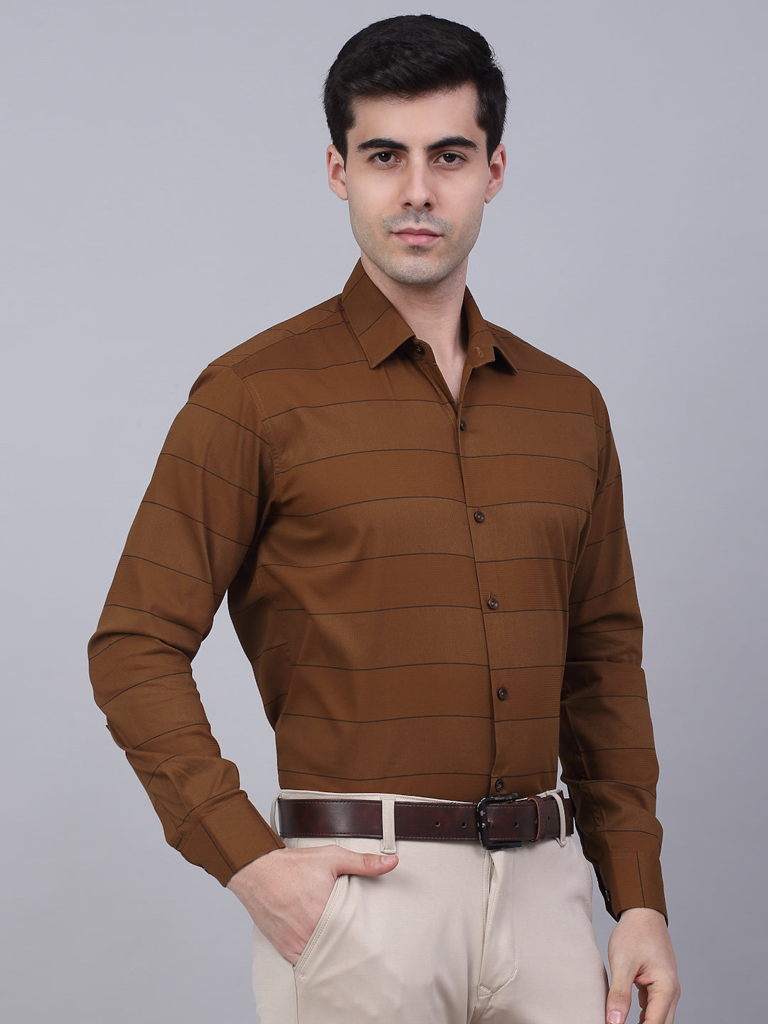 Men's Brown Horizontal Striped Formal Shirt - Taantav