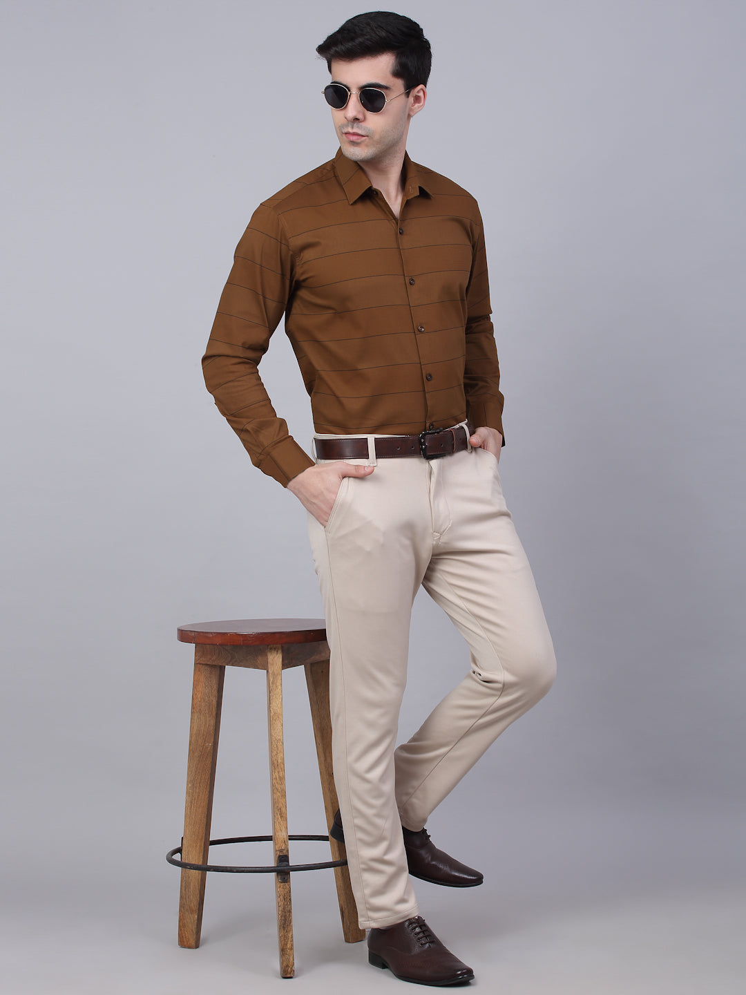 Men's Brown Horizontal Striped Formal Shirt - Taantav