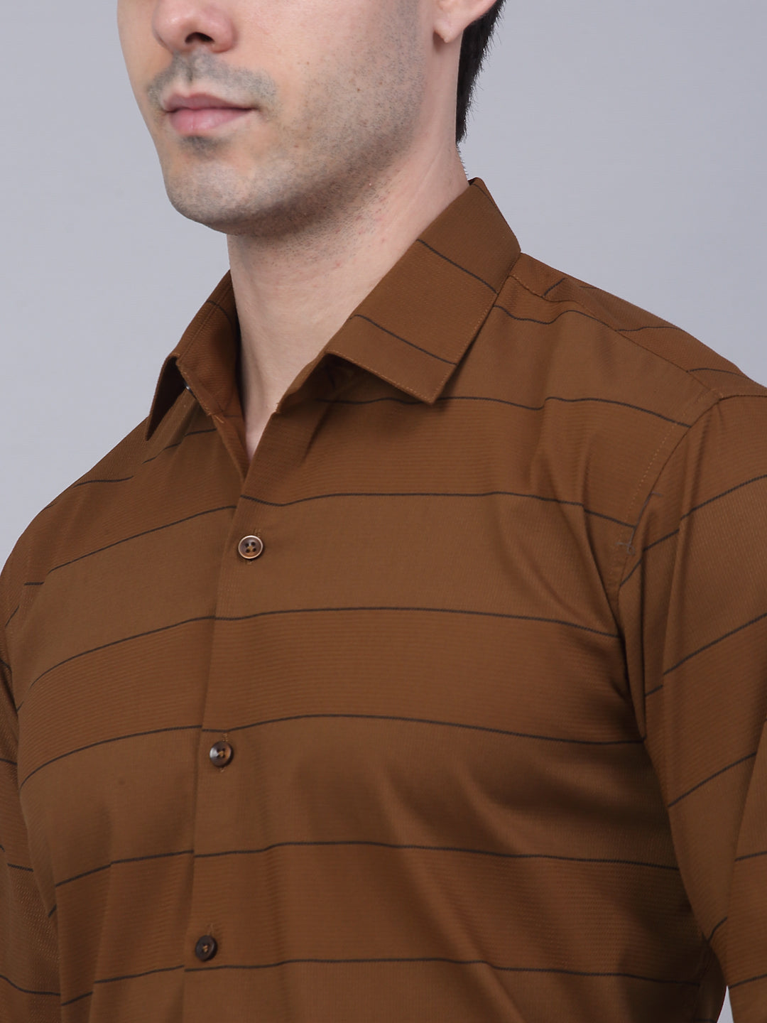 Men's Brown Horizontal Striped Formal Shirt - Taantav