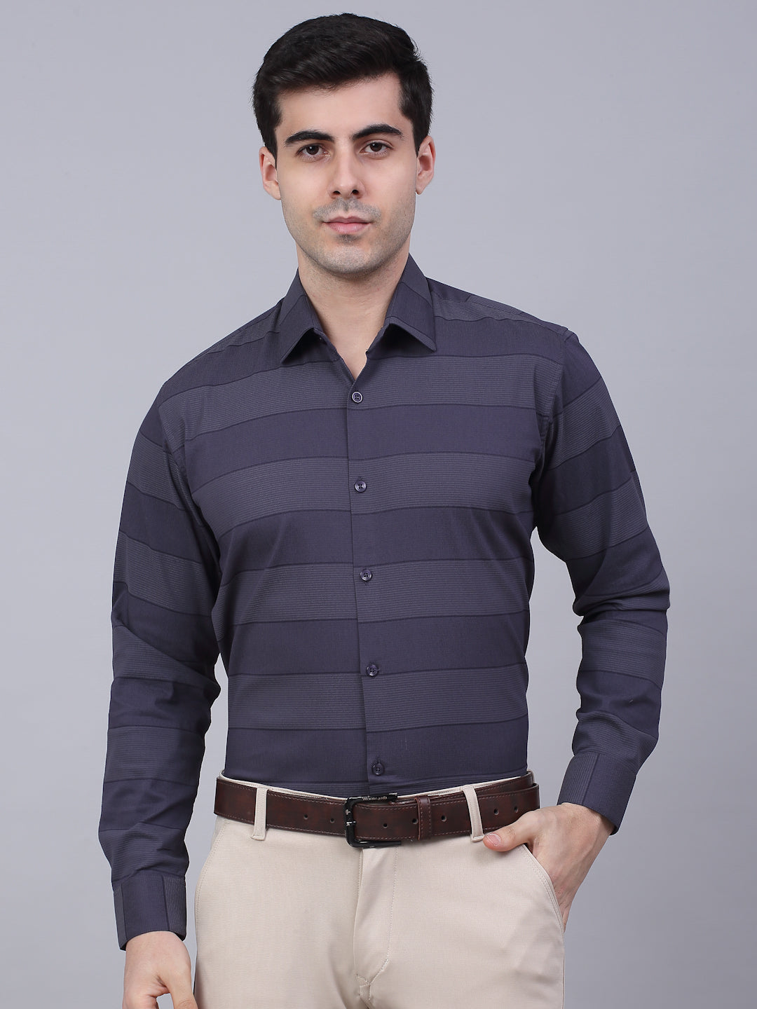 Men's Grey Horizontal Striped Formal Shirt - Taantav