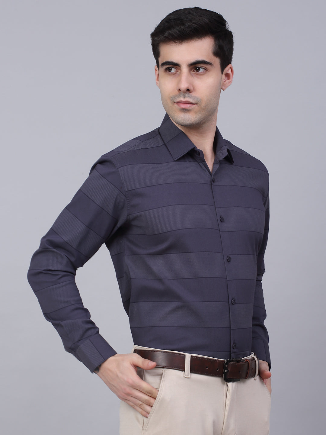 Men's Grey Horizontal Striped Formal Shirt - Taantav