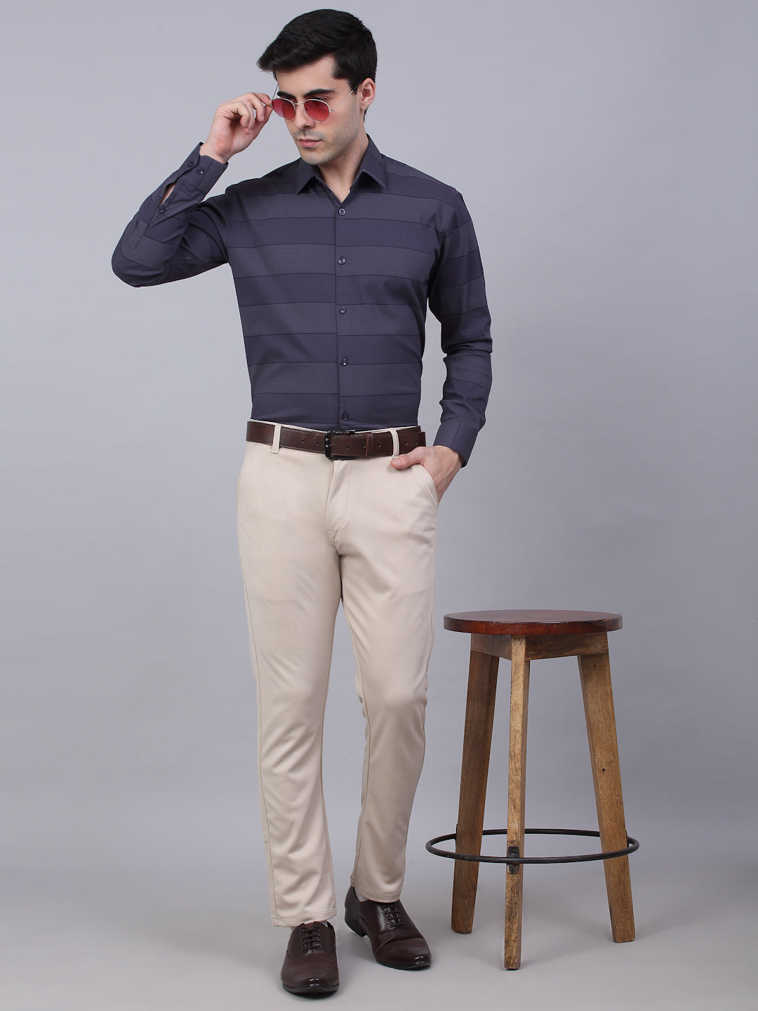 Men's Grey Horizontal Striped Formal Shirt - Taantav