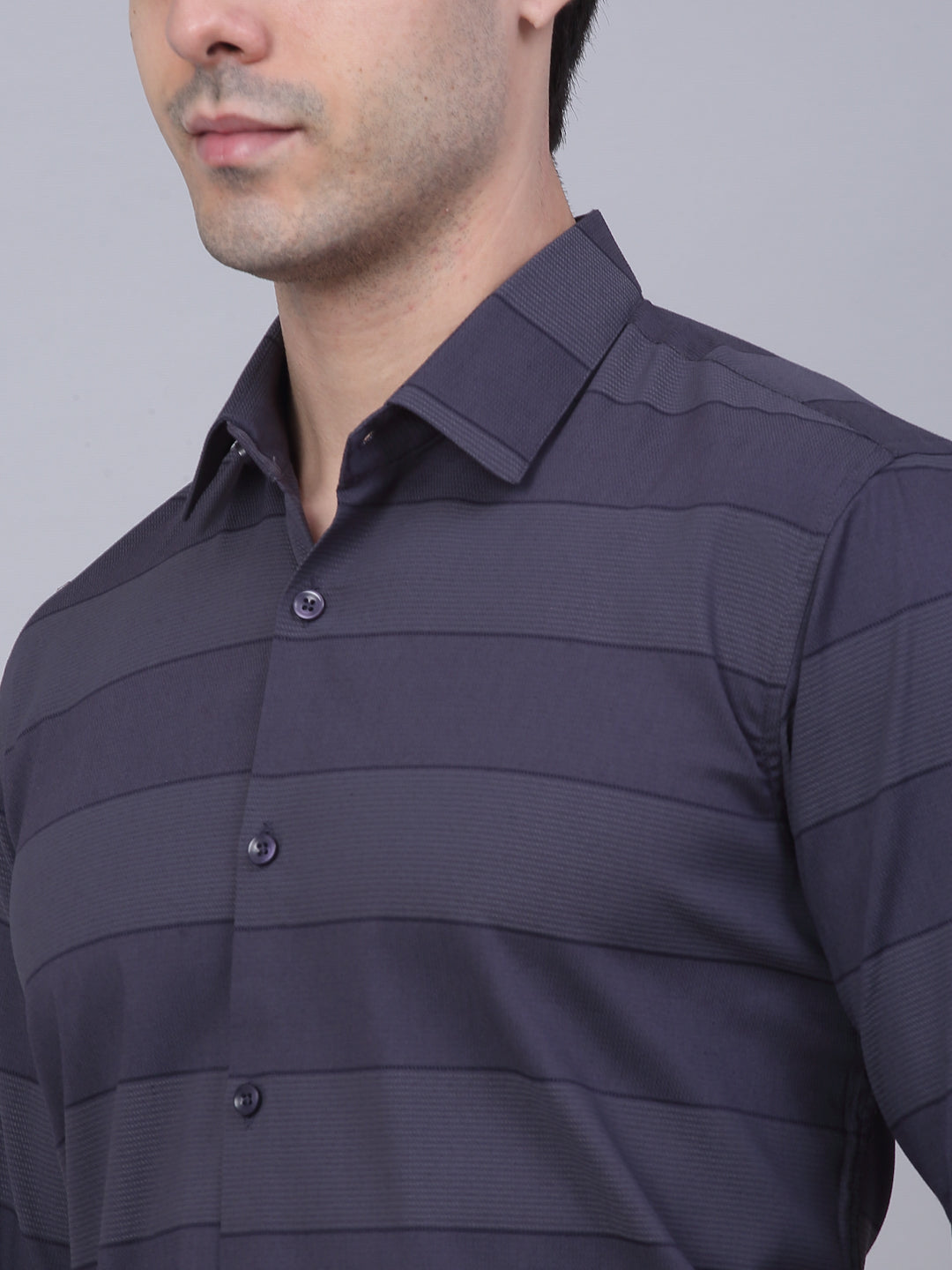 Men's Grey Horizontal Striped Formal Shirt - Taantav