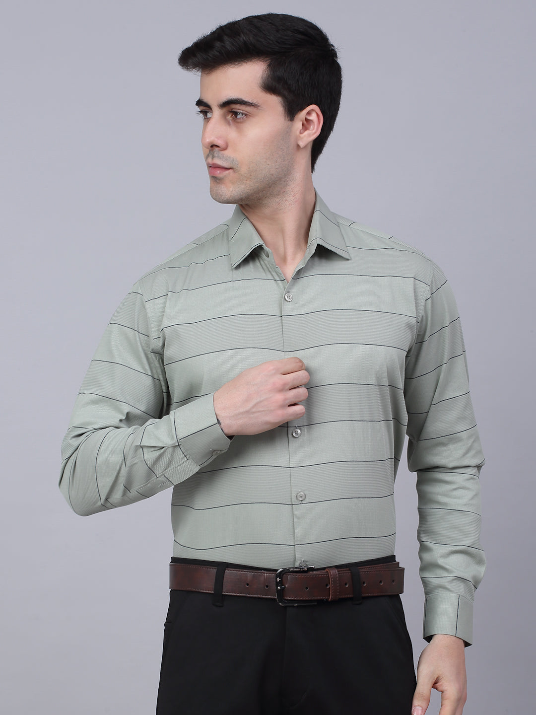 Men's Pista Green Horizontal Striped Formal Shirt - Taantav