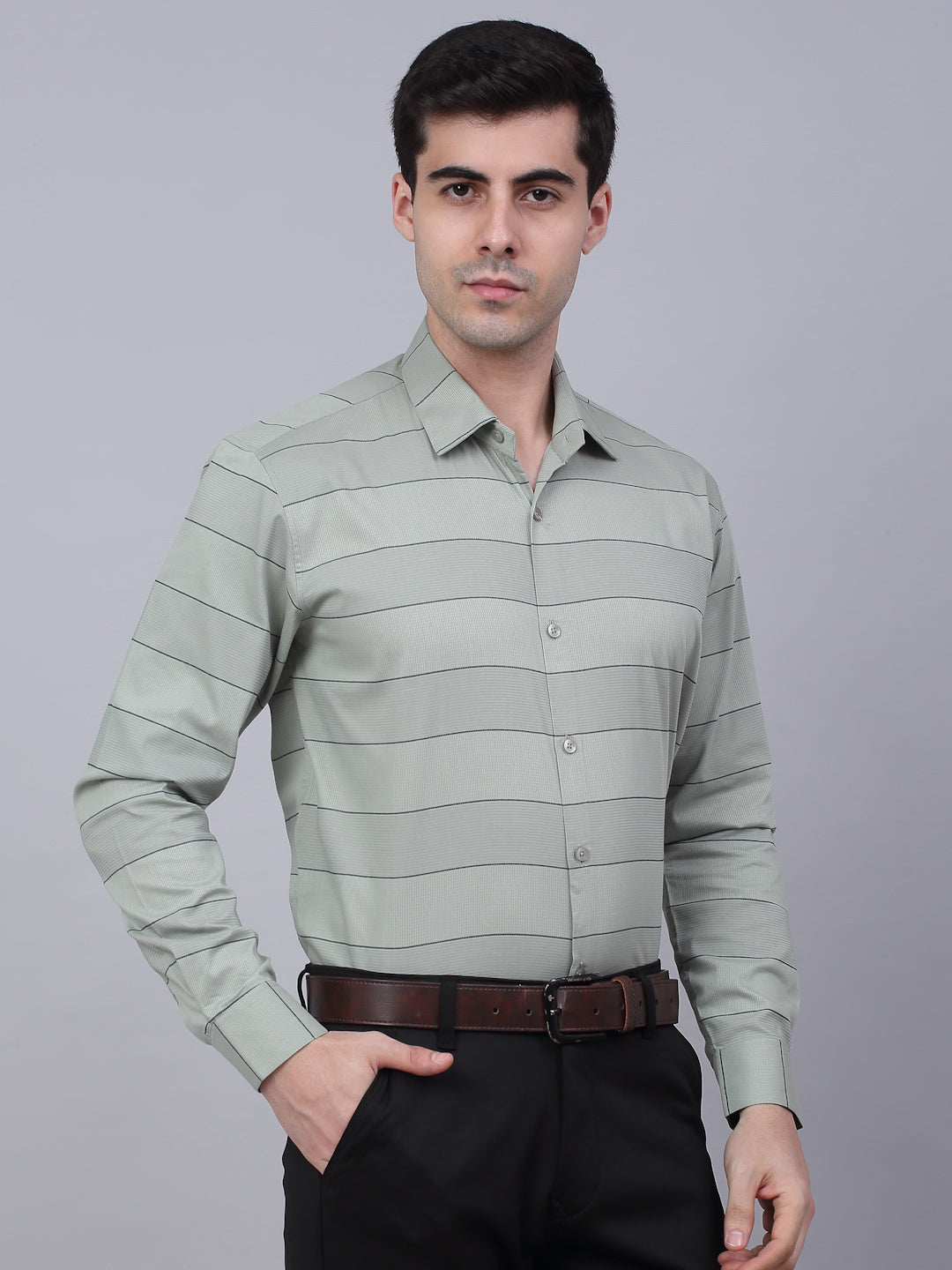 Men's Pista Green Horizontal Striped Formal Shirt - Taantav