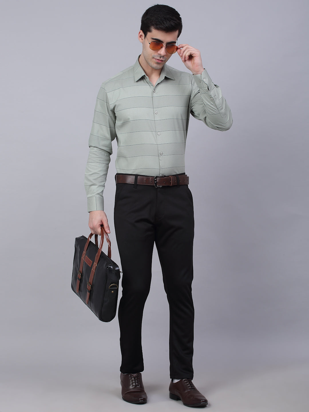 Men's Pista Green Horizontal Striped Formal Shirt - Taantav