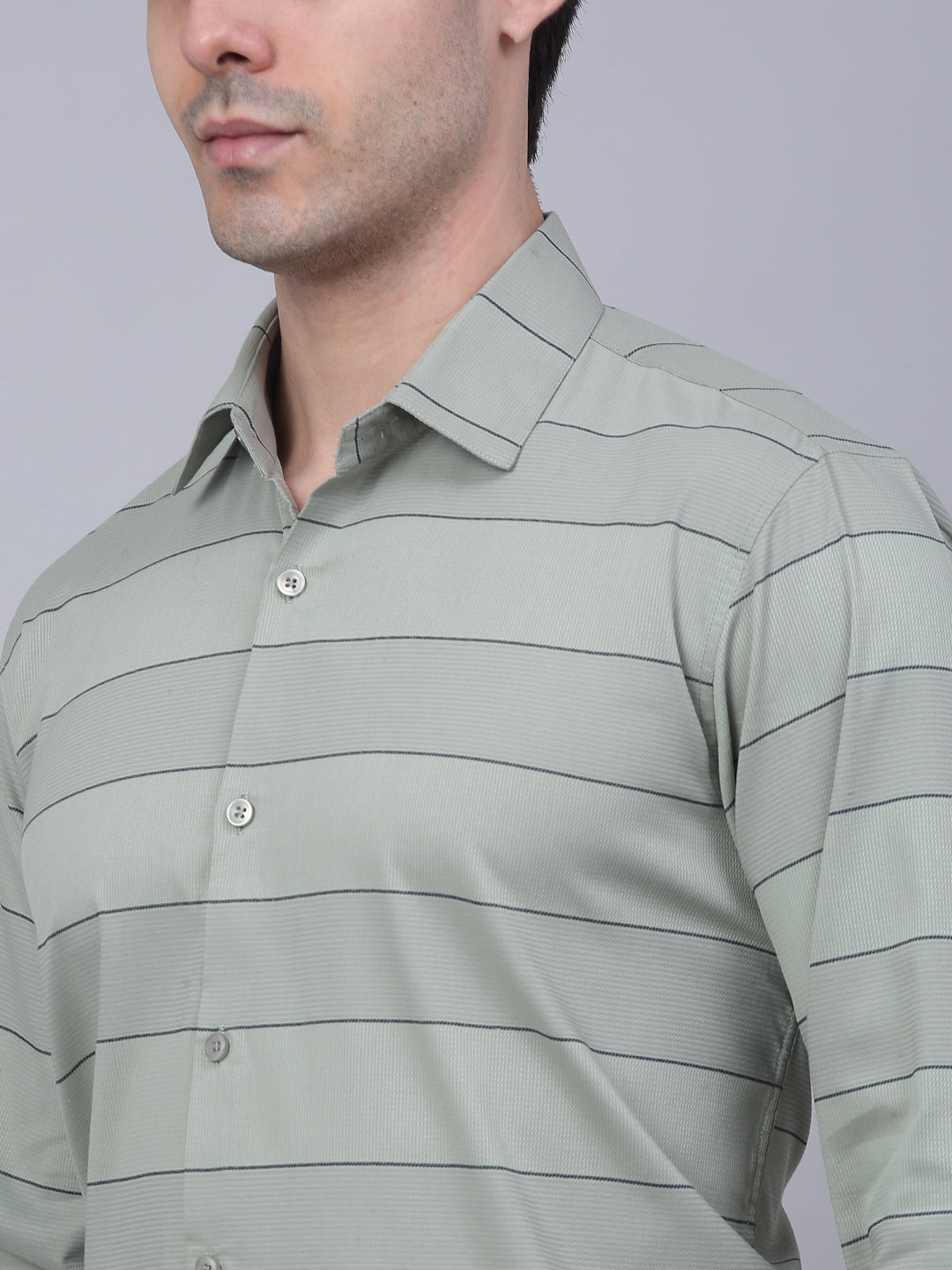 Men's Pista Green Horizontal Striped Formal Shirt - Taantav