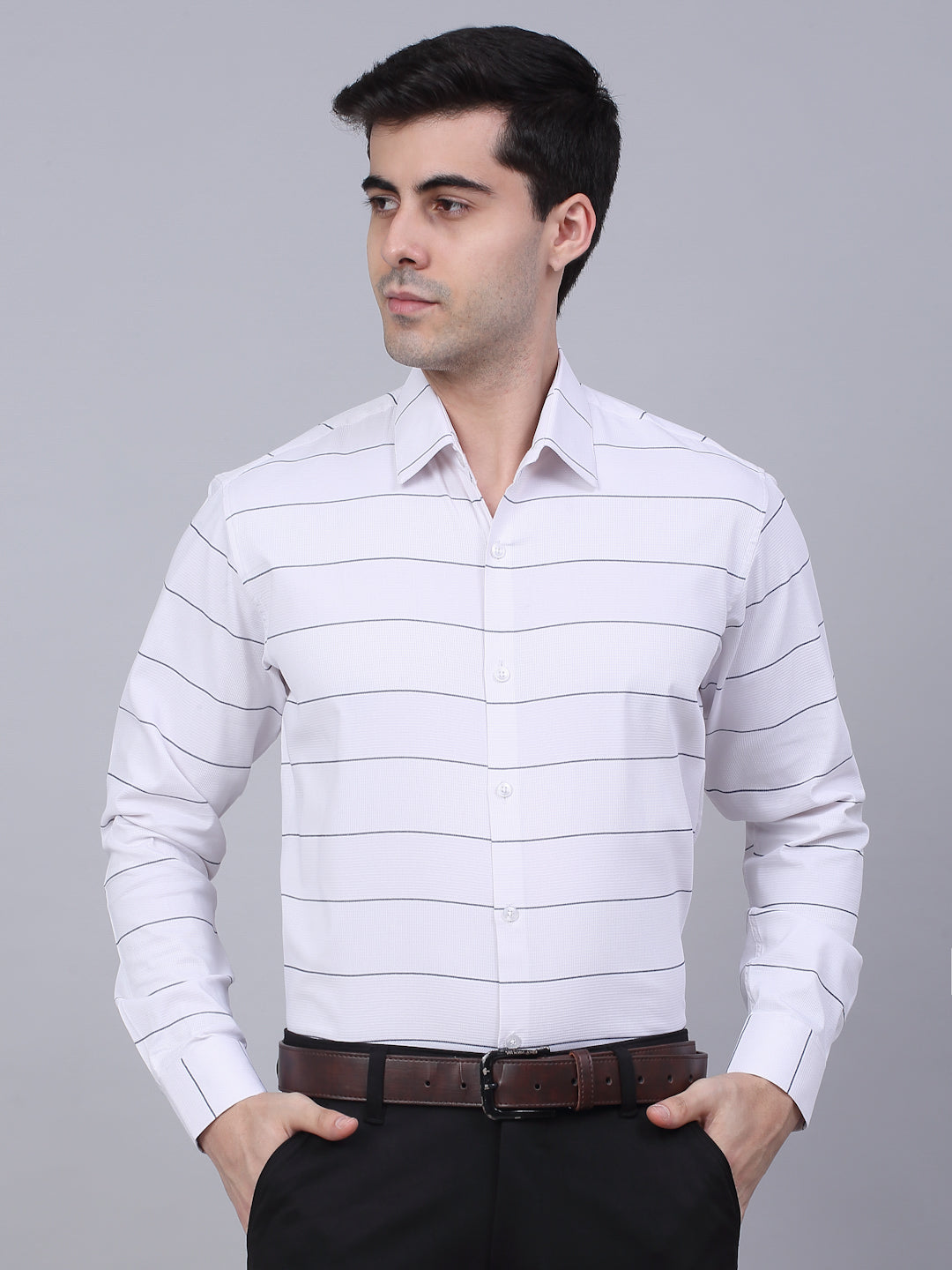 Men's White Horizontal Striped Formal Shirt - Taantav