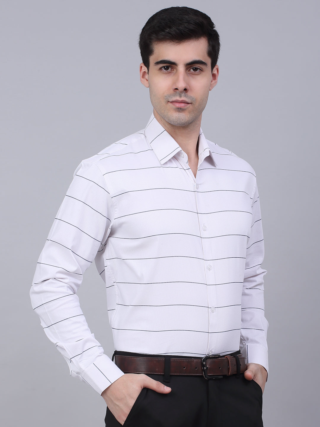 Men's White Horizontal Striped Formal Shirt - Taantav