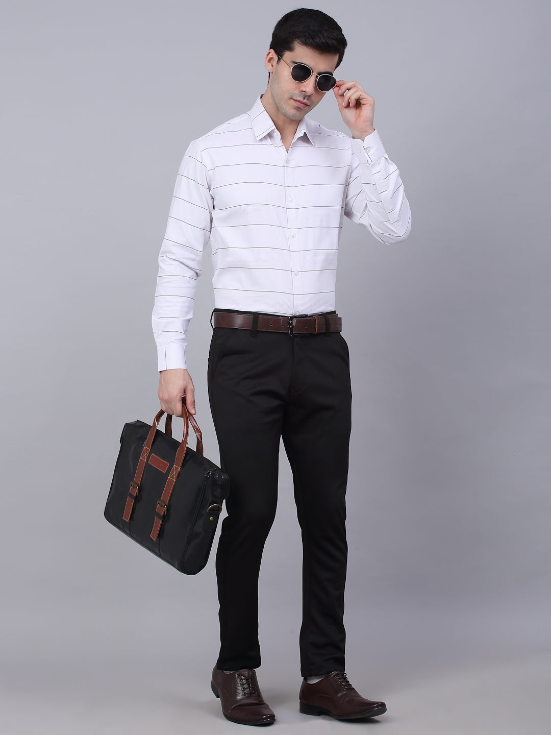 Men's White Horizontal Striped Formal Shirt - Taantav