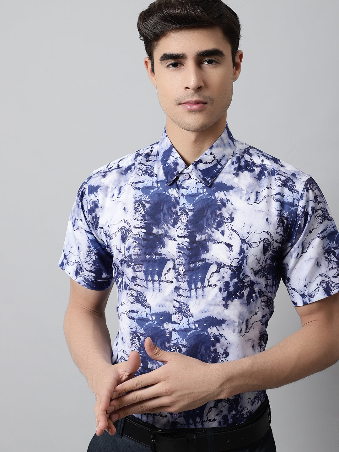 Men's Blue Classic Printed Formal Shirt - Taantav