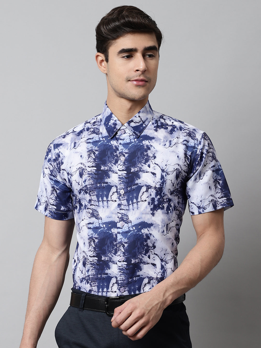 Men's Blue Classic Printed Formal Shirt - Taantav