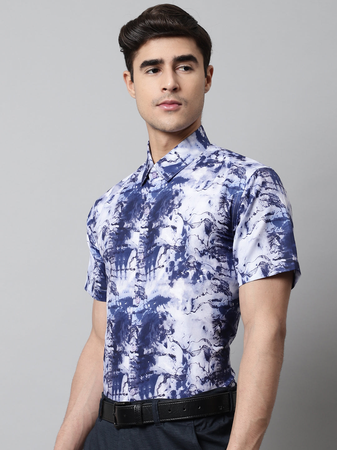 Men's Blue Classic Printed Formal Shirt - Taantav