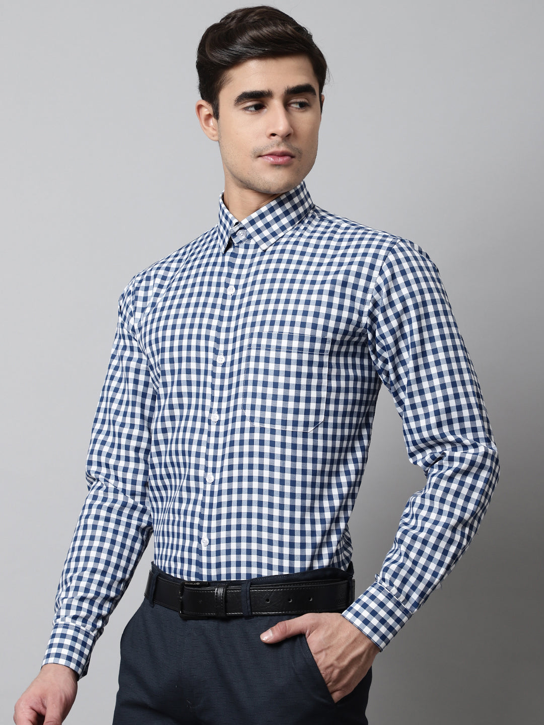 Men's Blue Checks Pure Cotton Formal Shirt - Taantav