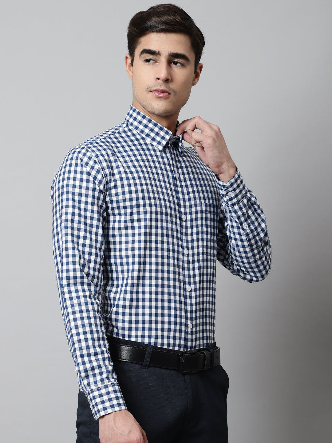 Men's Blue Checks Pure Cotton Formal Shirt - Taantav