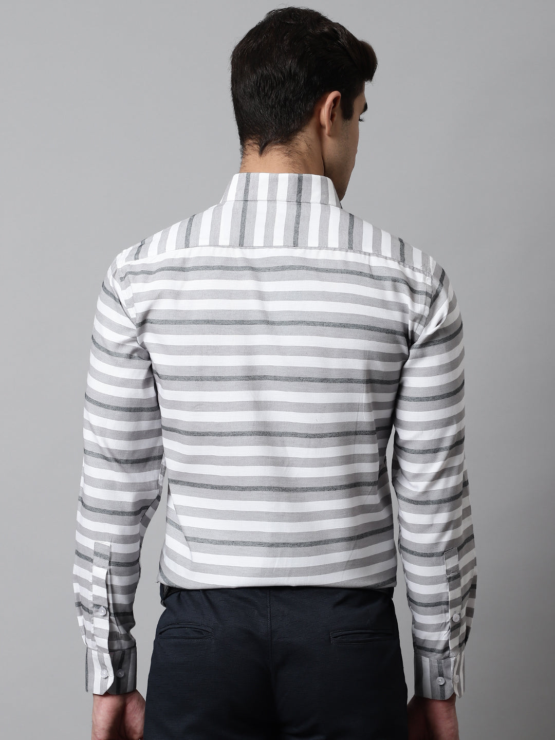 Men's Grey Classic Horizontal Striped Formal Shirt - Taantav