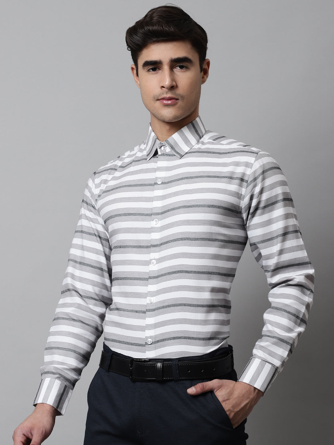 Men's Grey Classic Horizontal Striped Formal Shirt - Taantav