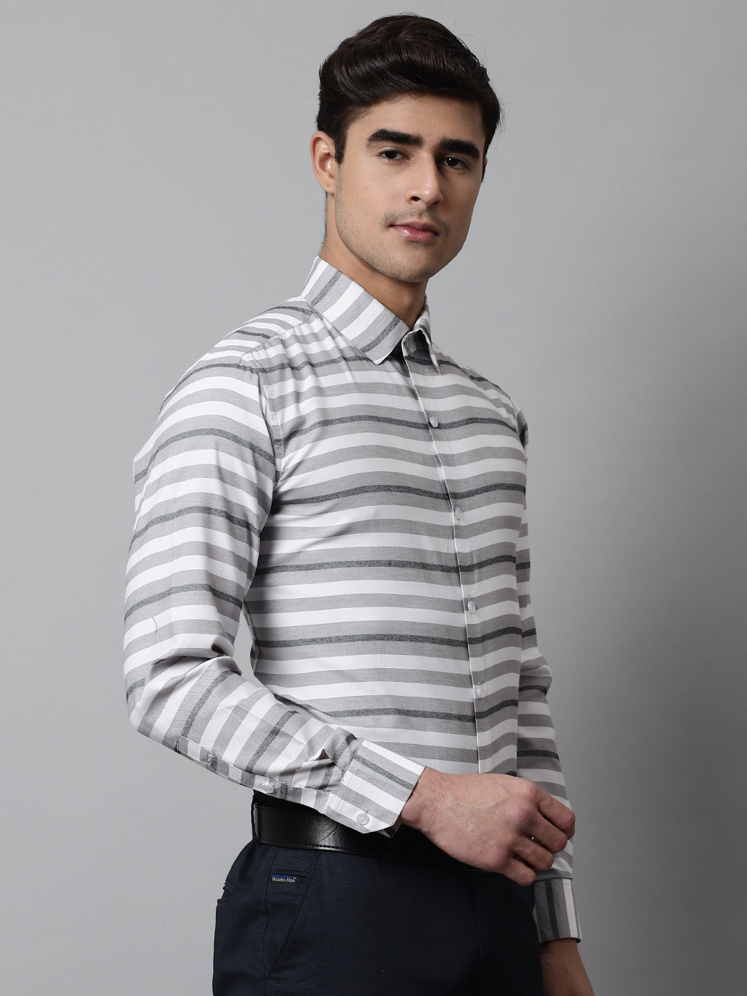 Men's Grey Classic Horizontal Striped Formal Shirt - Taantav