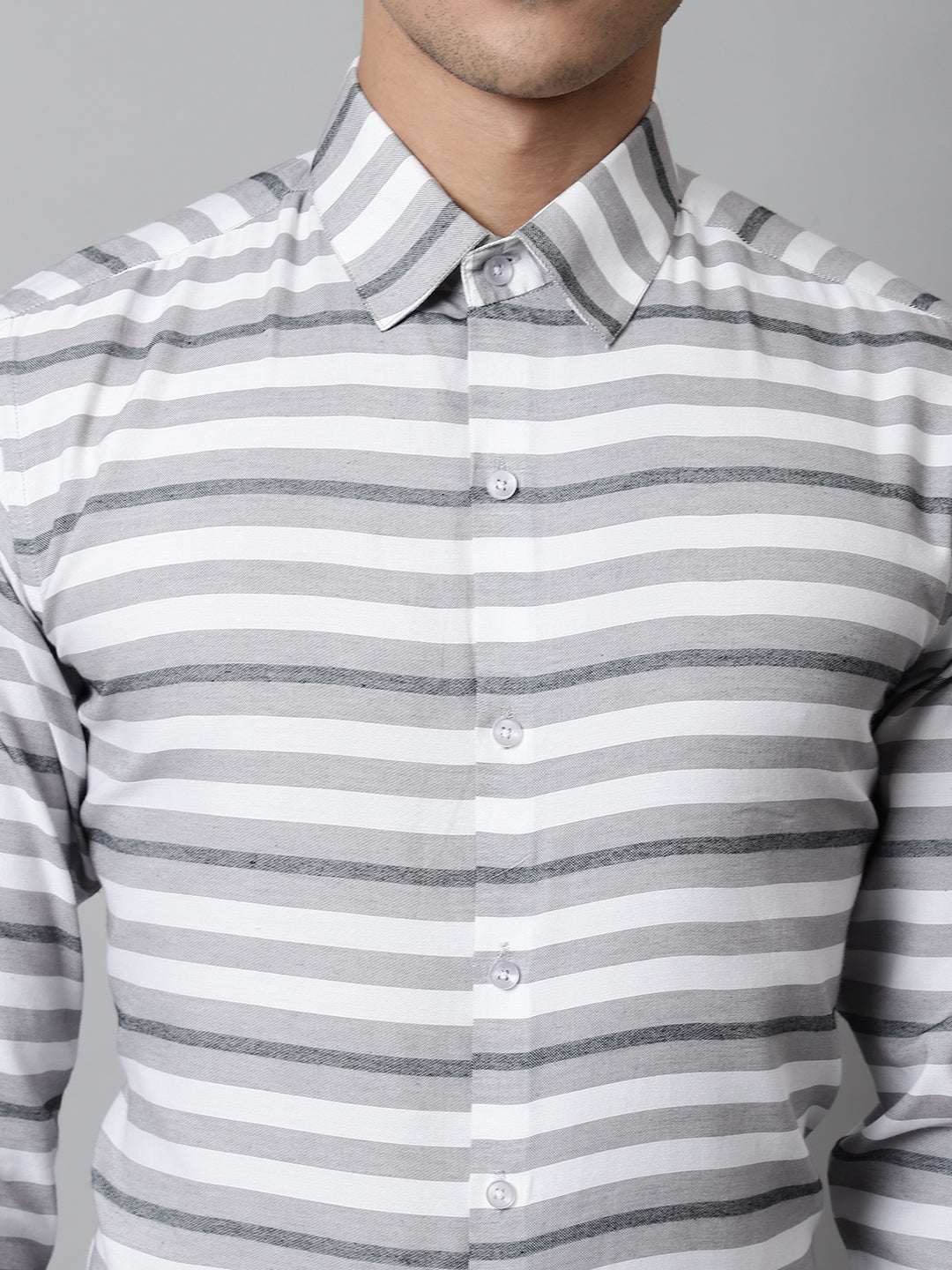 Men's Grey Classic Horizontal Striped Formal Shirt - Taantav