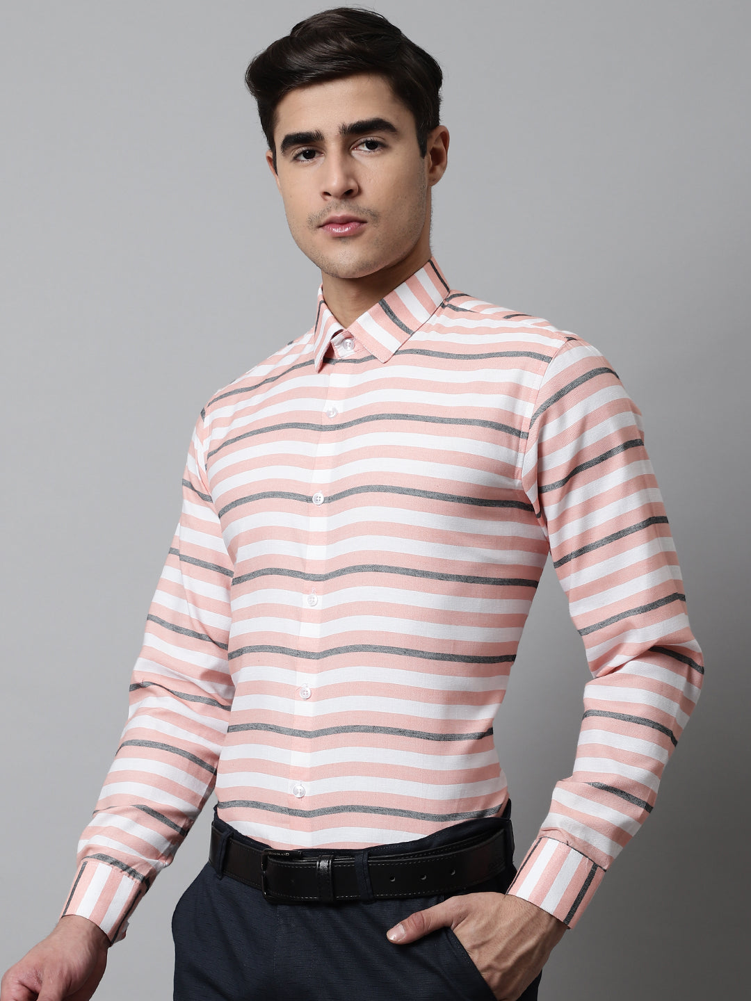 Men's Peach Classic Horizontal Striped Formal Shirt - Taantav