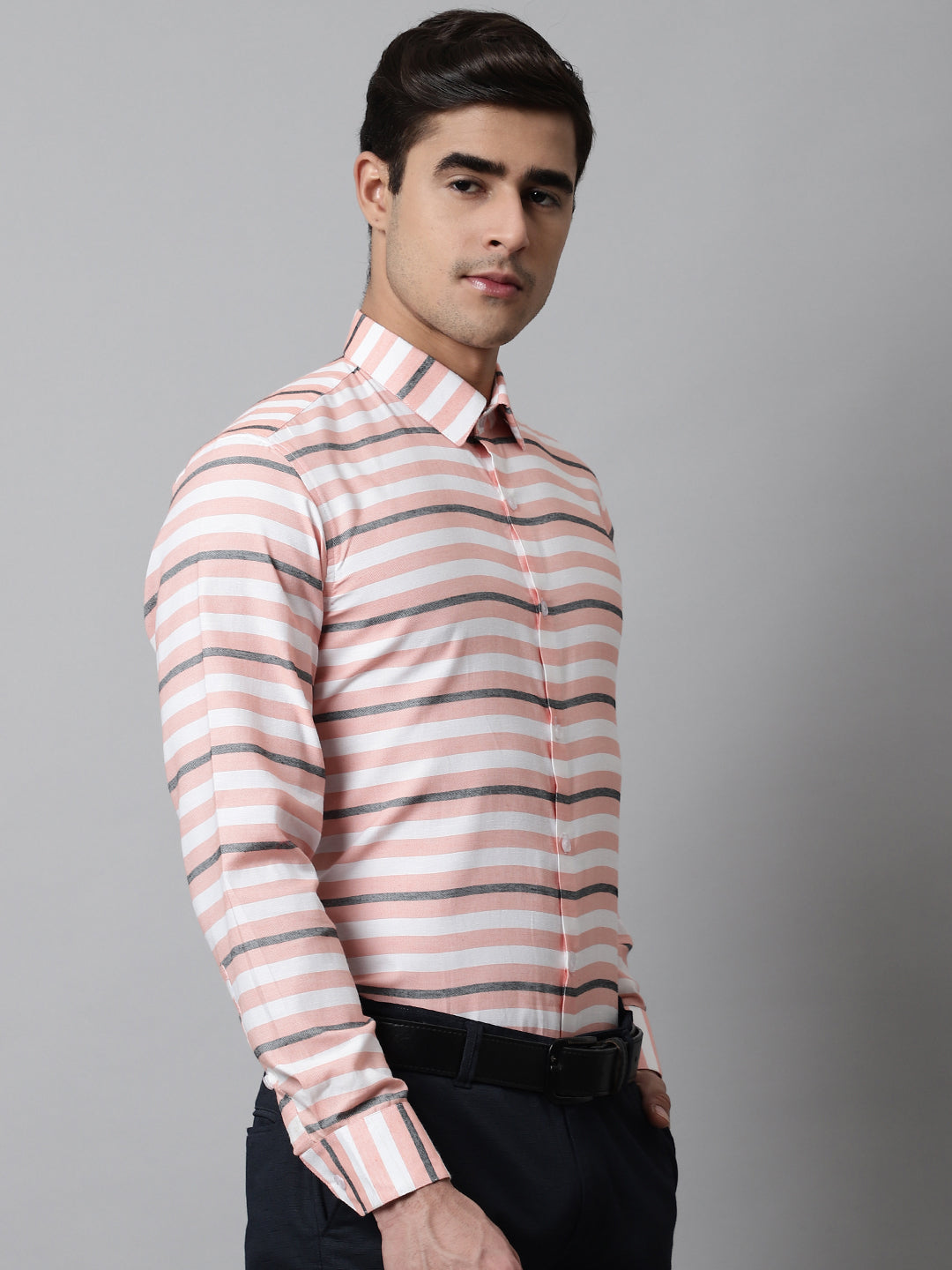 Men's Peach Classic Horizontal Striped Formal Shirt - Taantav