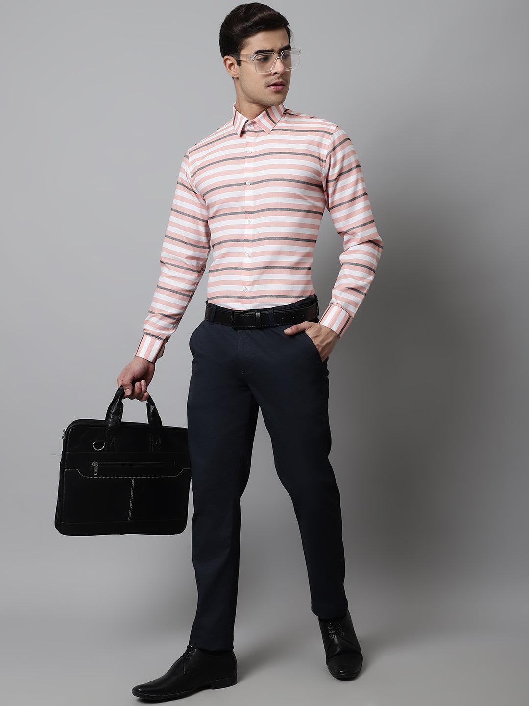 Men's Peach Classic Horizontal Striped Formal Shirt - Taantav