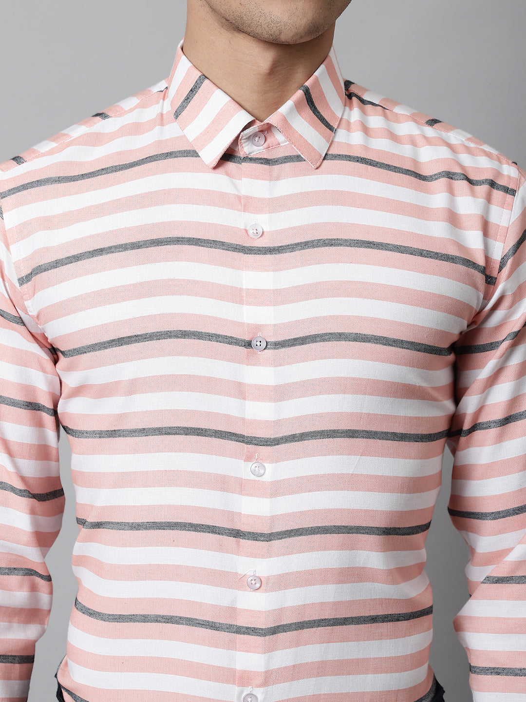 Men's Peach Classic Horizontal Striped Formal Shirt - Taantav