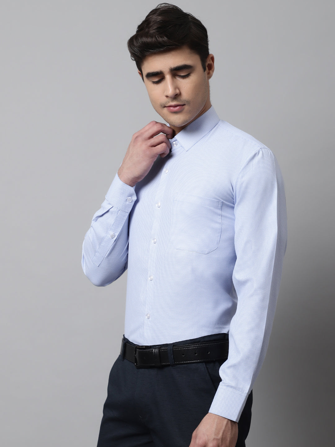 Men's Light Blue Checks Pure Cotton Formal Shirt - Taantav