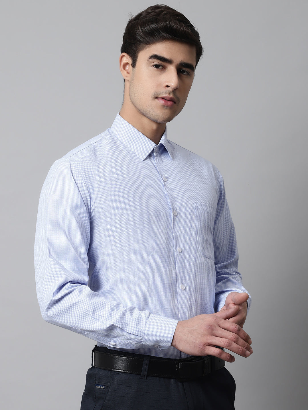 Men's Light Blue Checks Pure Cotton Formal Shirt - Taantav