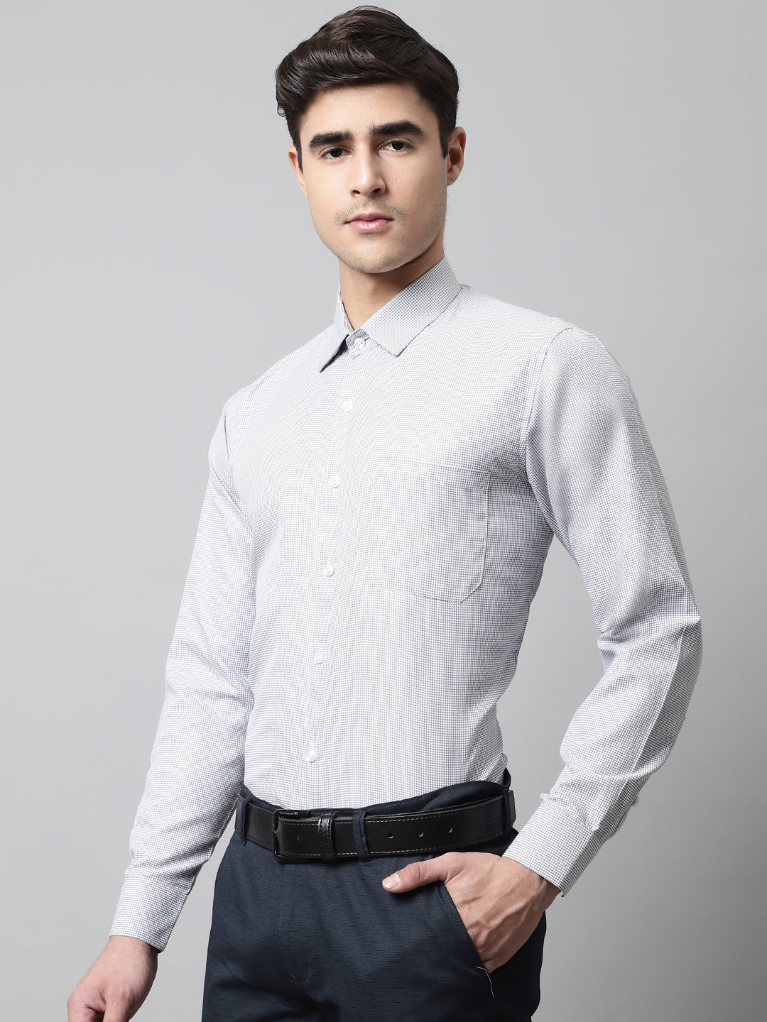 Men's Light Grey Checks Pure Cotton Formal Shirt - Taantav