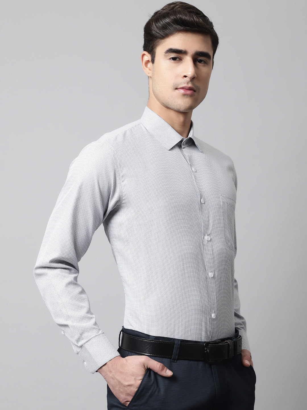 Men's Light Grey Checks Pure Cotton Formal Shirt - Taantav