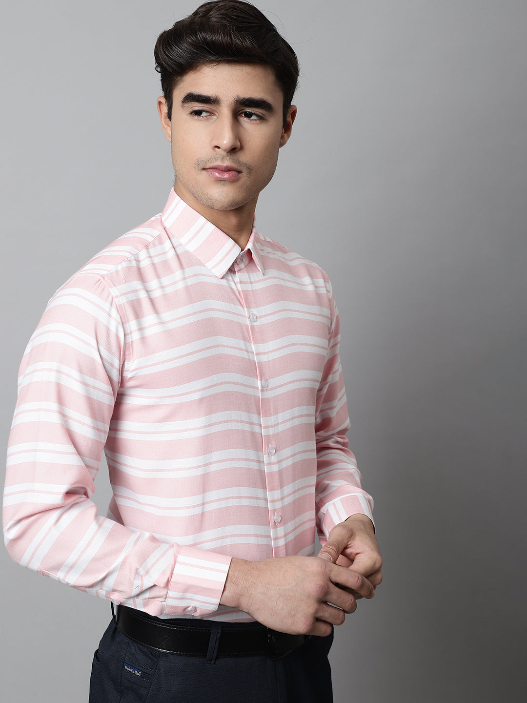 Men's Peach Classic Horizontal Striped Formal Shirt - Taantav