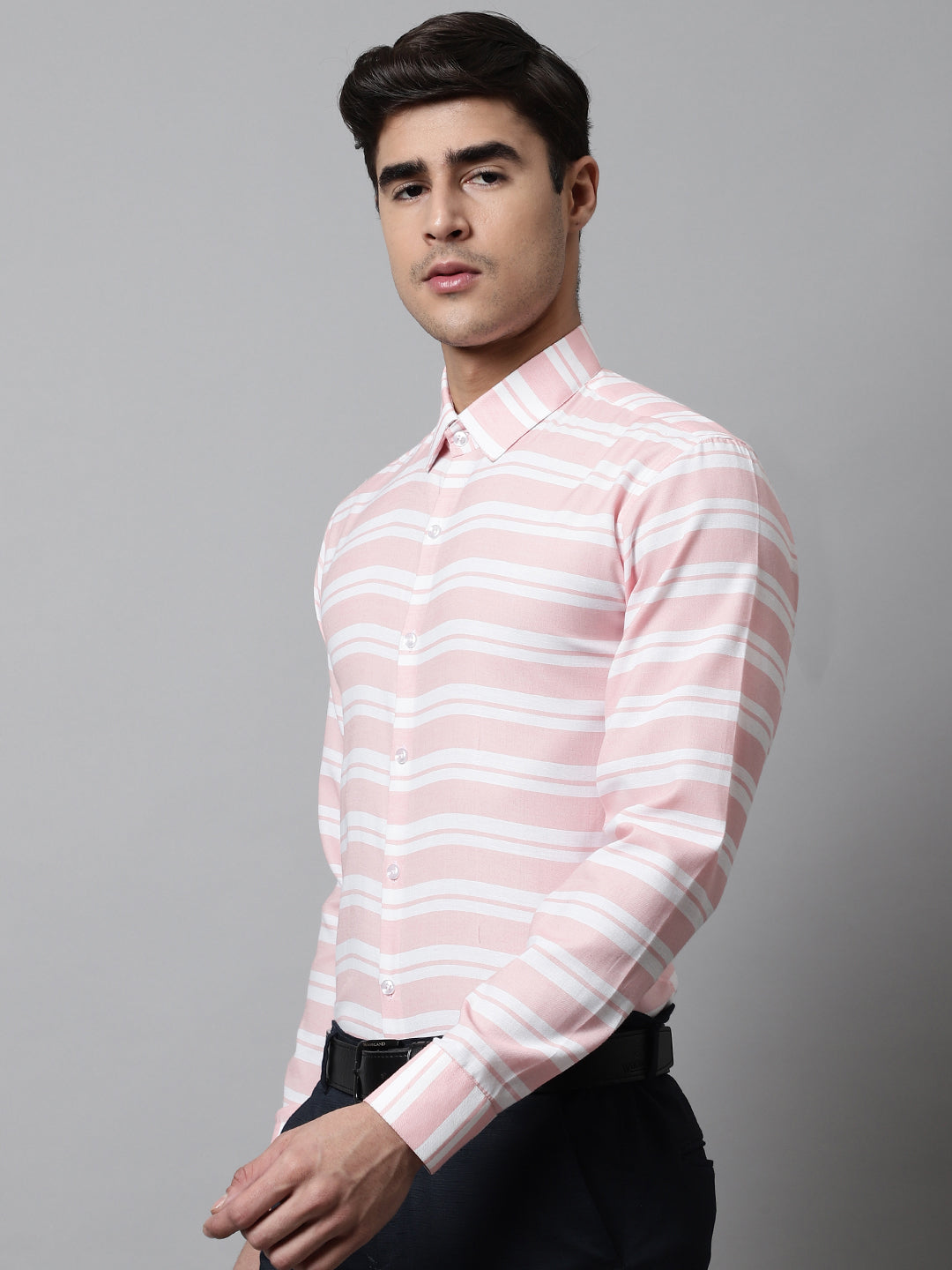 Men's Peach Classic Horizontal Striped Formal Shirt - Taantav