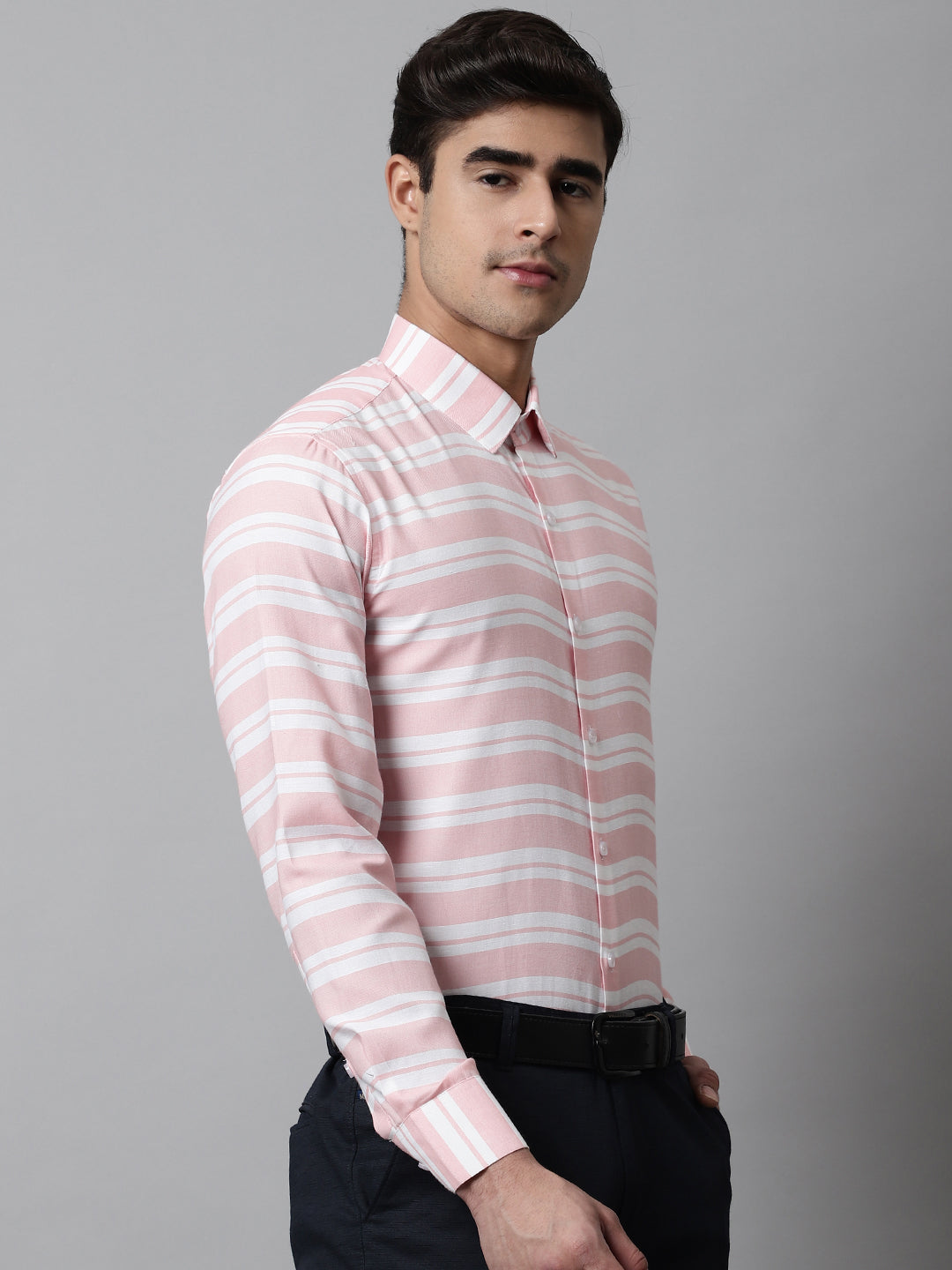 Men's Peach Classic Horizontal Striped Formal Shirt - Taantav