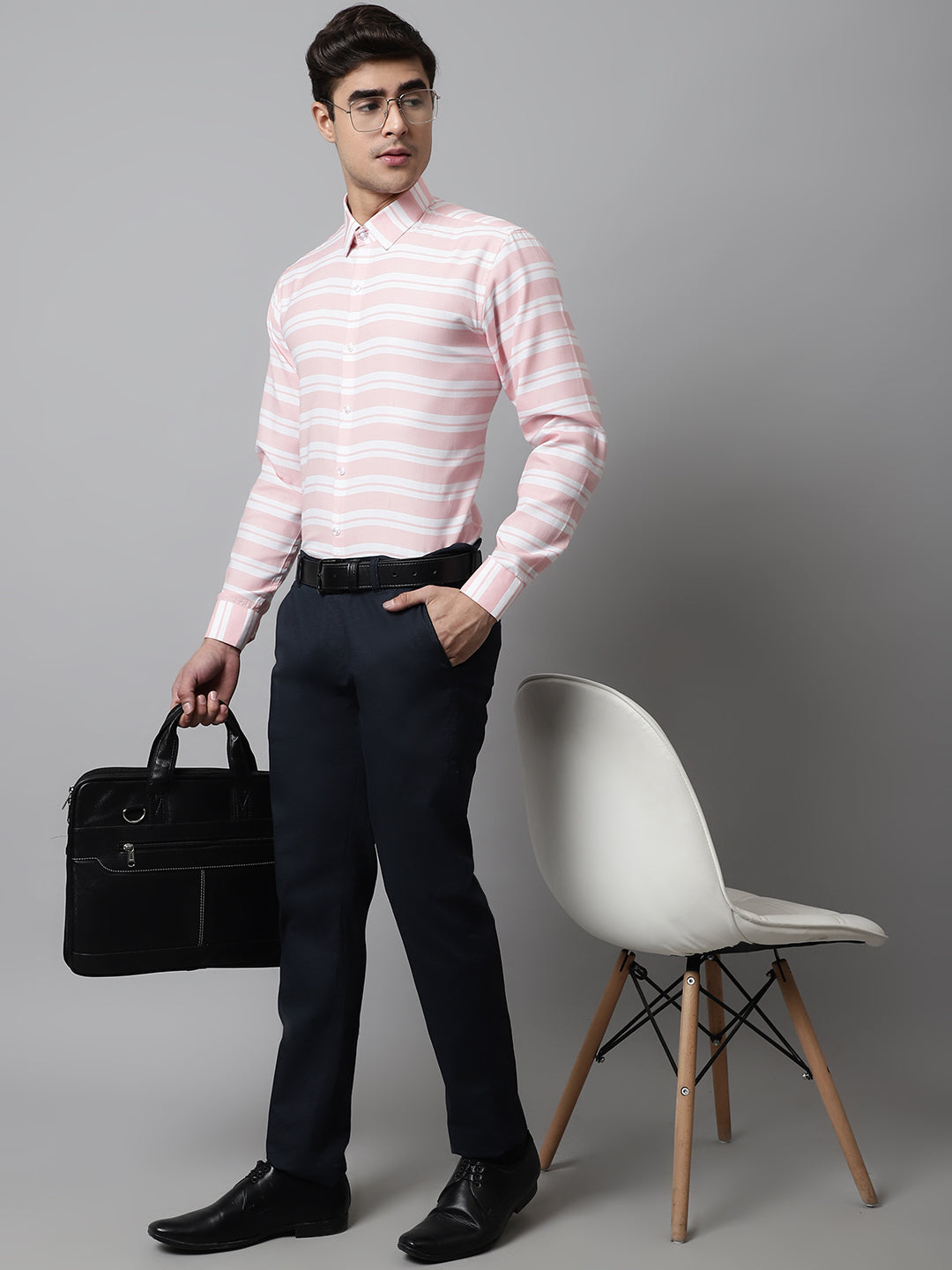 Men's Peach Classic Horizontal Striped Formal Shirt - Taantav