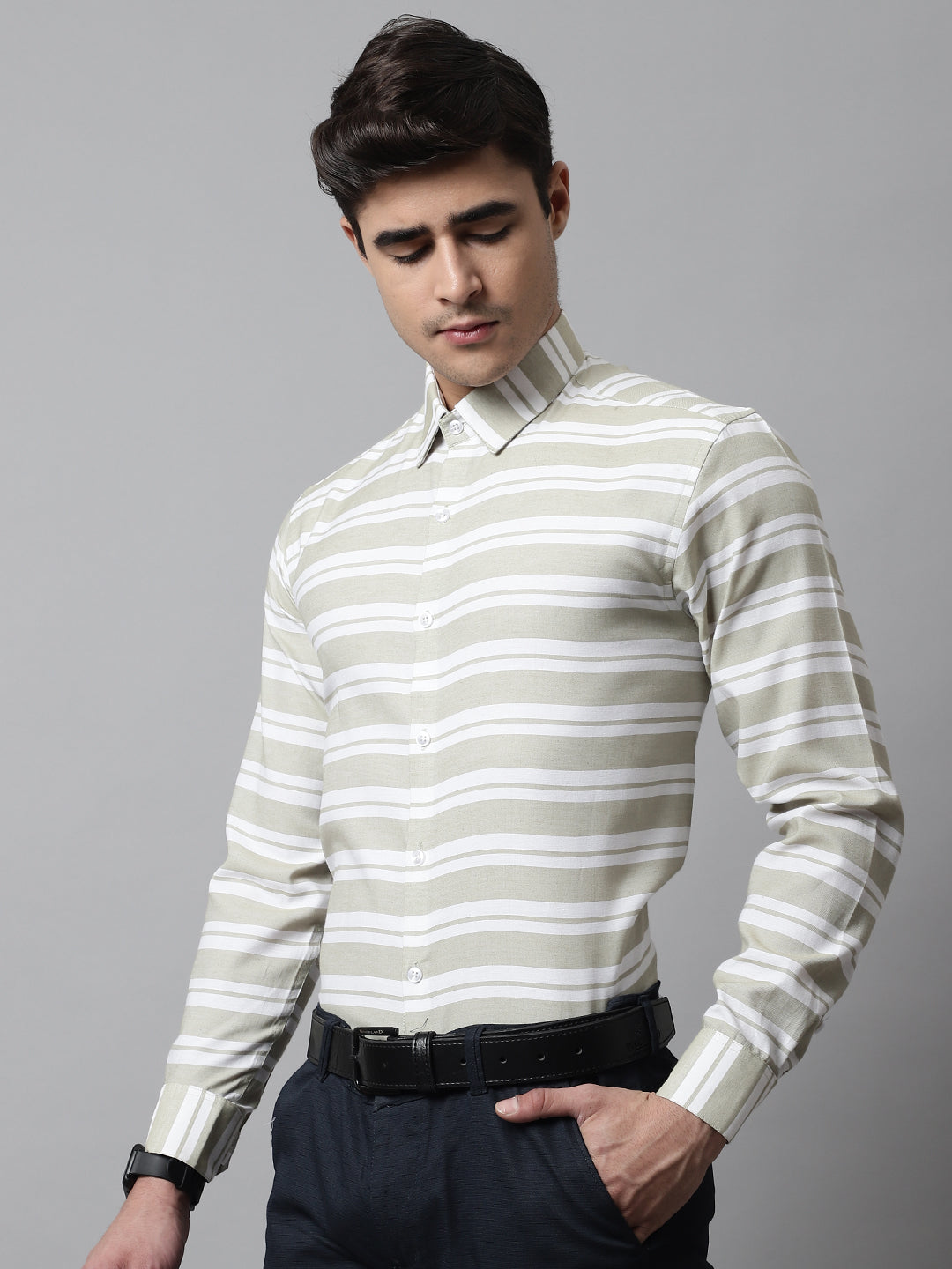 Men's Pista Green Classic Horizontal Striped Formal Shirt - Taantav