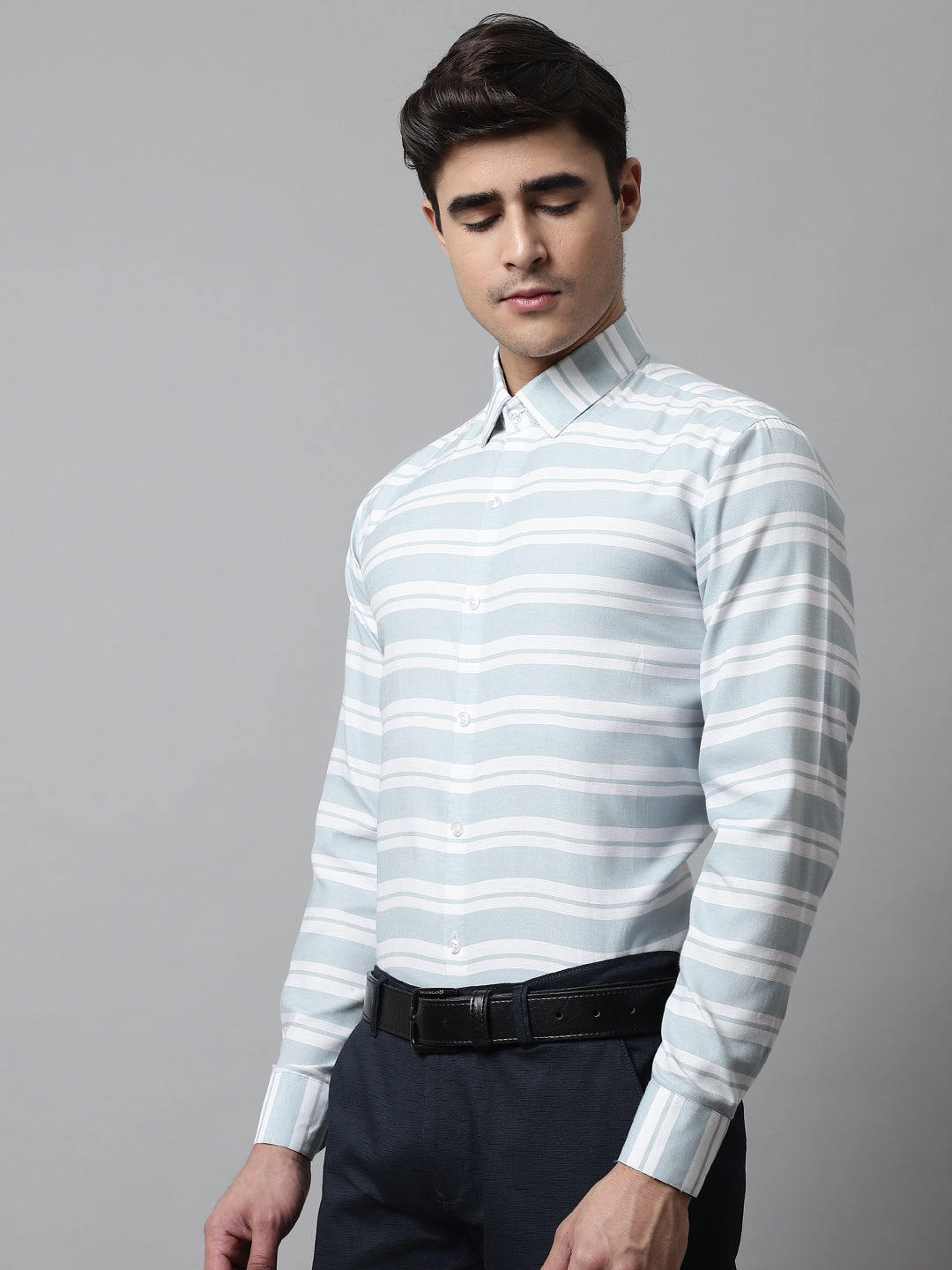 Men's Sky Blue Classic Horizontal Striped Formal Shirt - Taantav