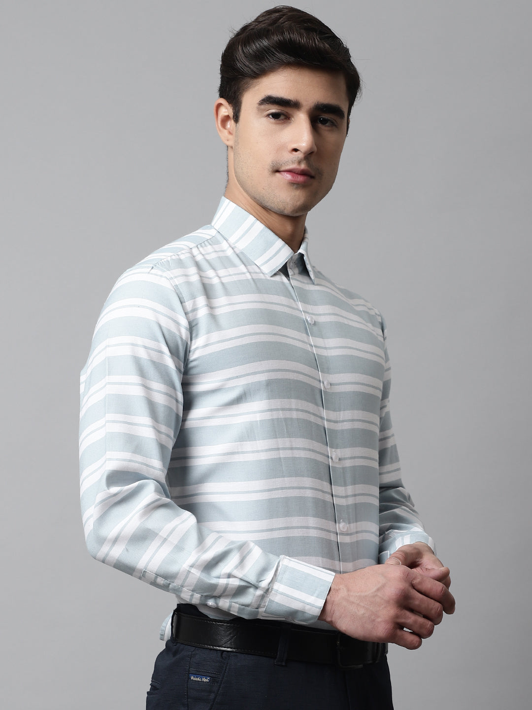 Men's Sky Blue Classic Horizontal Striped Formal Shirt - Taantav