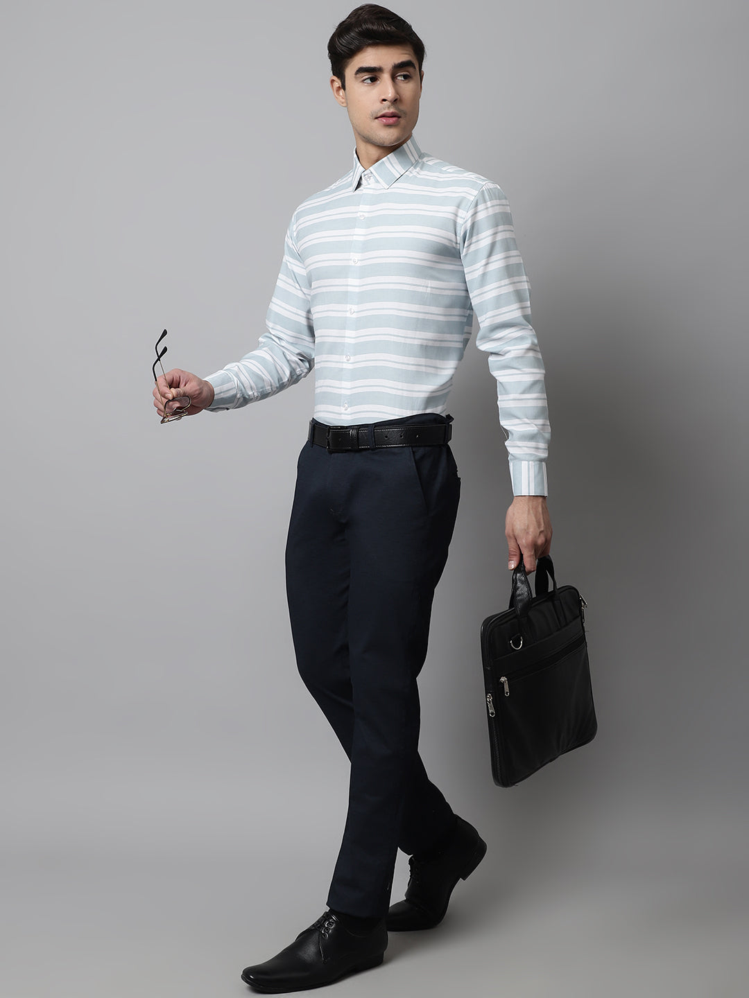 Men's Sky Blue Classic Horizontal Striped Formal Shirt - Taantav