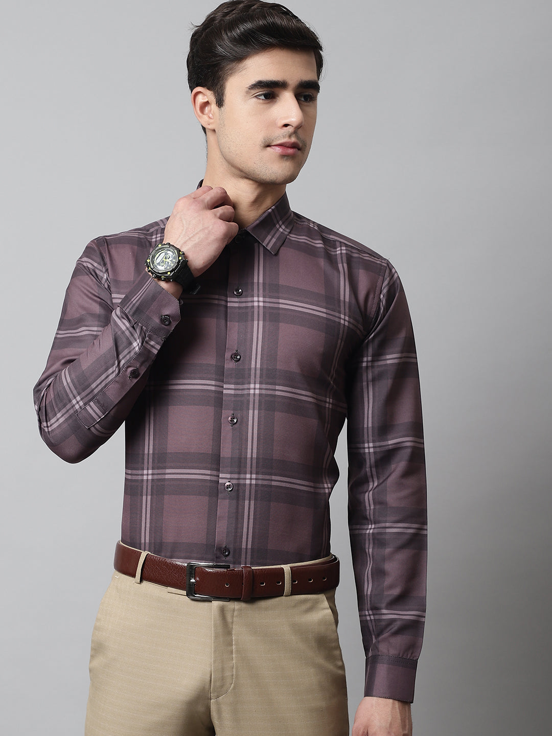 Men's Brown Checks Regular Fit Cotton Formal Shirt - Taantav