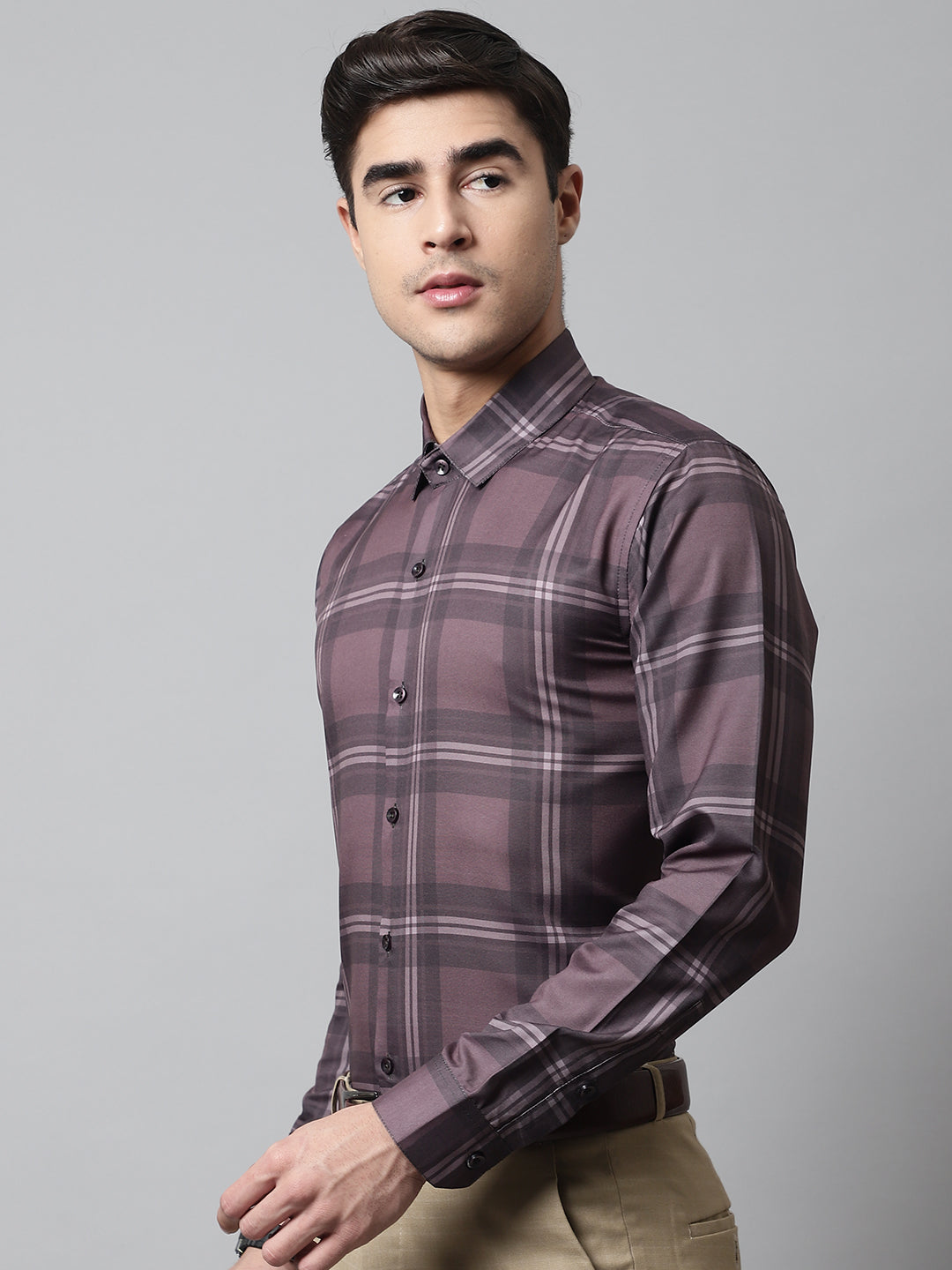 Men's Brown Checks Regular Fit Cotton Formal Shirt - Taantav