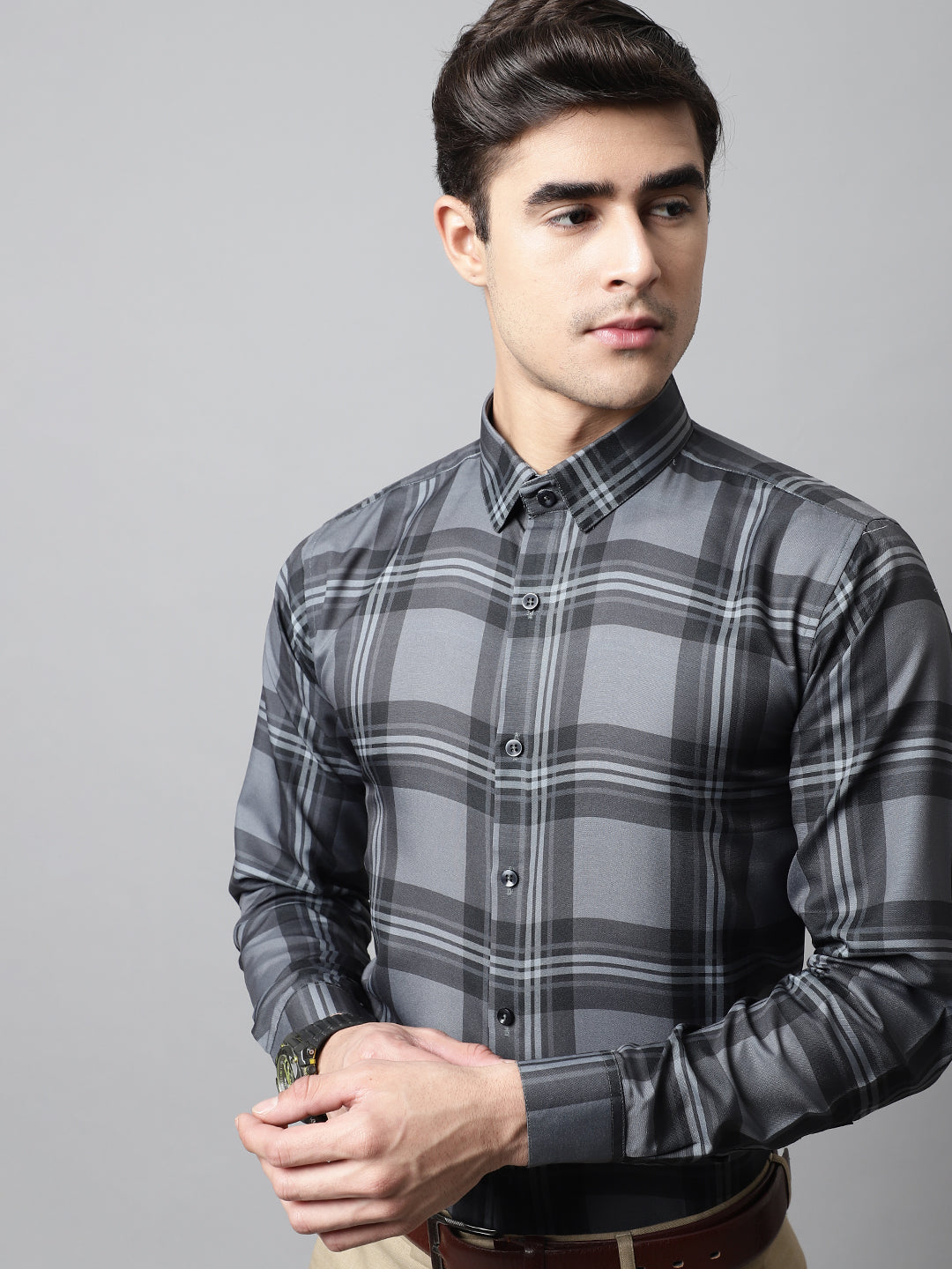 Men's Charcoal Grey Checks Regular Fit Cotton Formal Shirt - Taantav