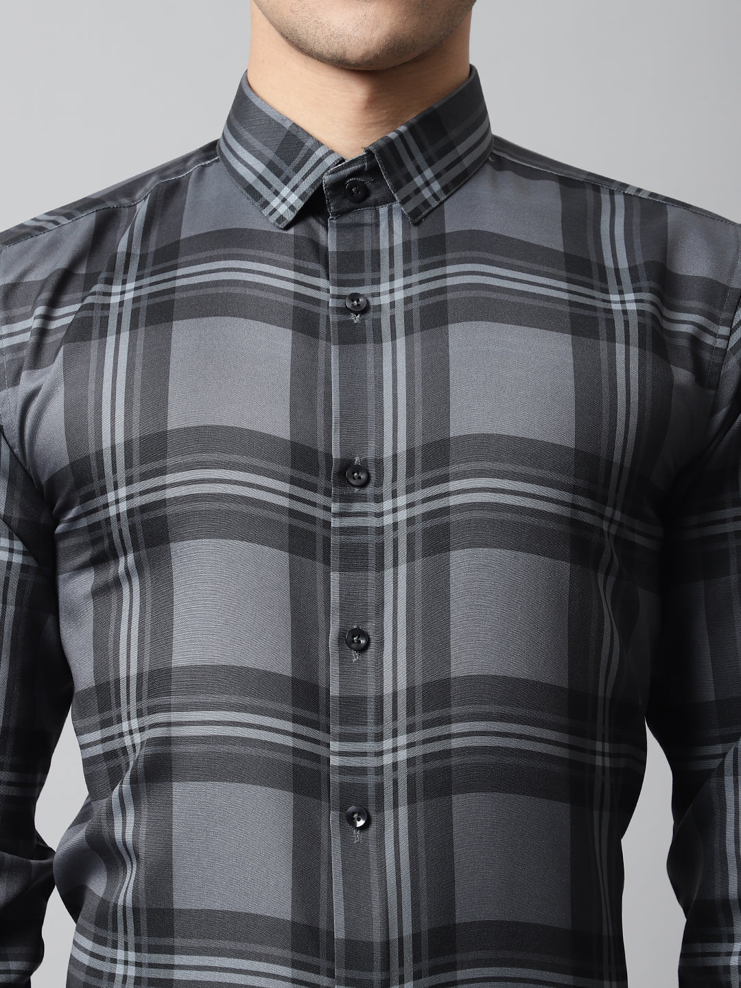 Men's Charcoal Grey Checks Regular Fit Cotton Formal Shirt - Taantav