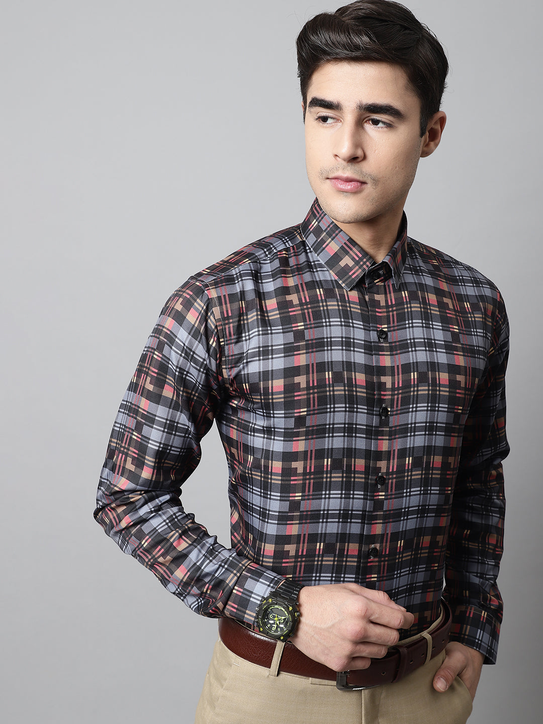 Men's Grey Checks Regular Fit Cotton Formal Shirt - Taantav