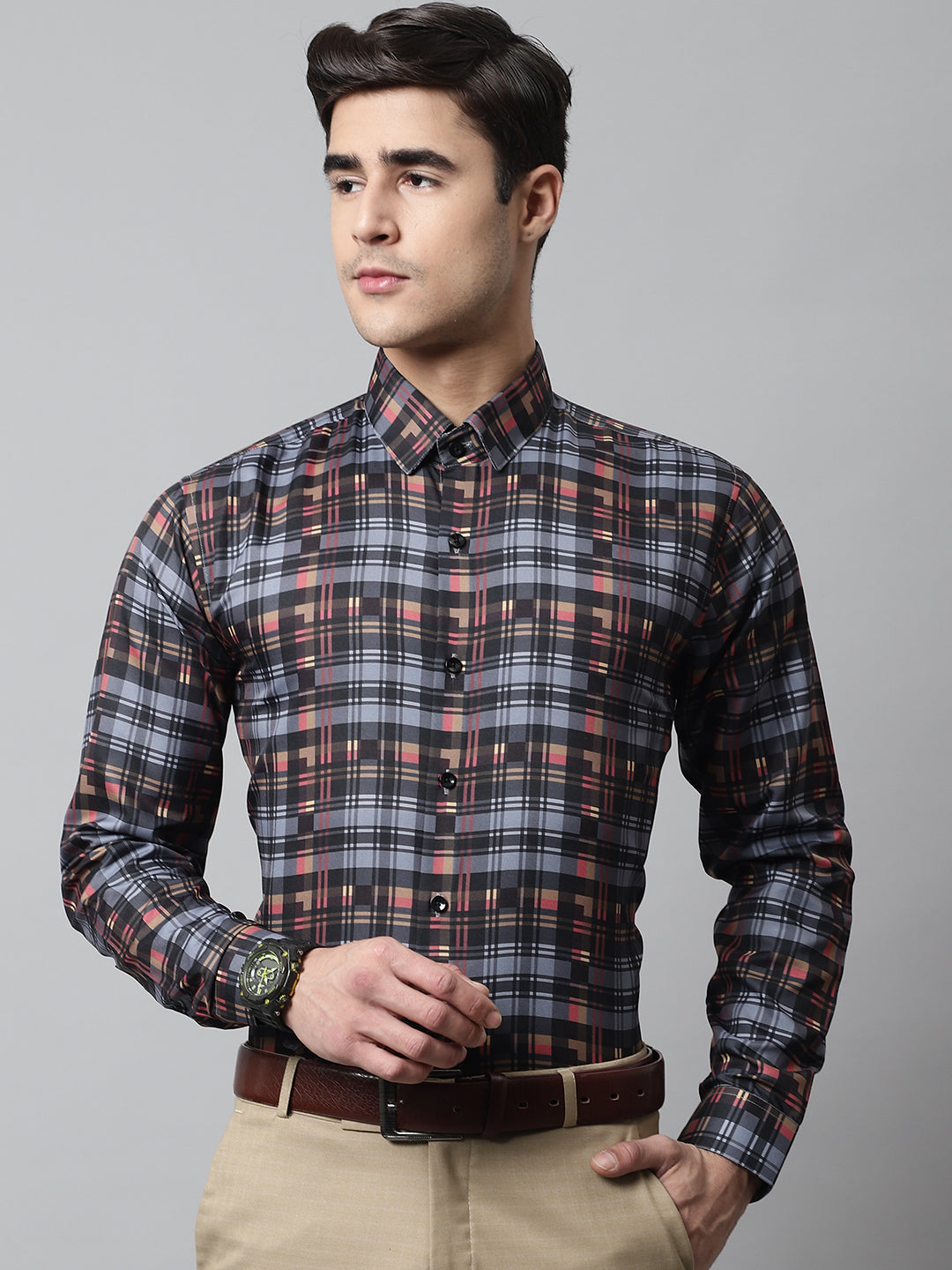 Men's Grey Checks Regular Fit Cotton Formal Shirt - Taantav