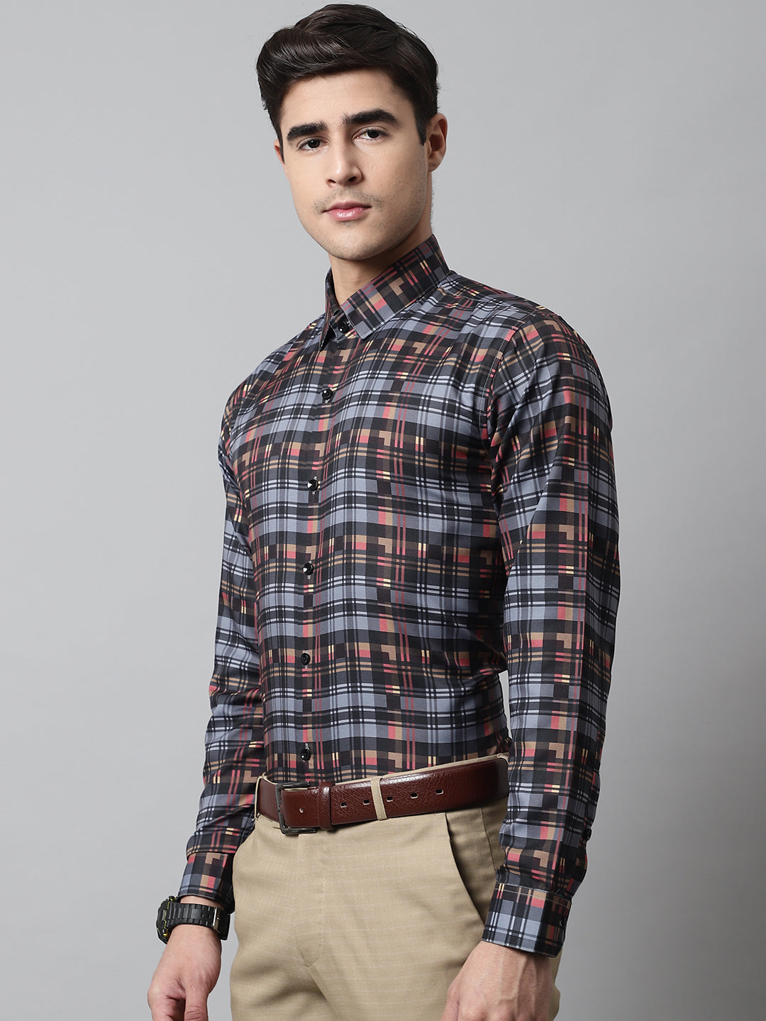 Men's Grey Checks Regular Fit Cotton Formal Shirt - Taantav